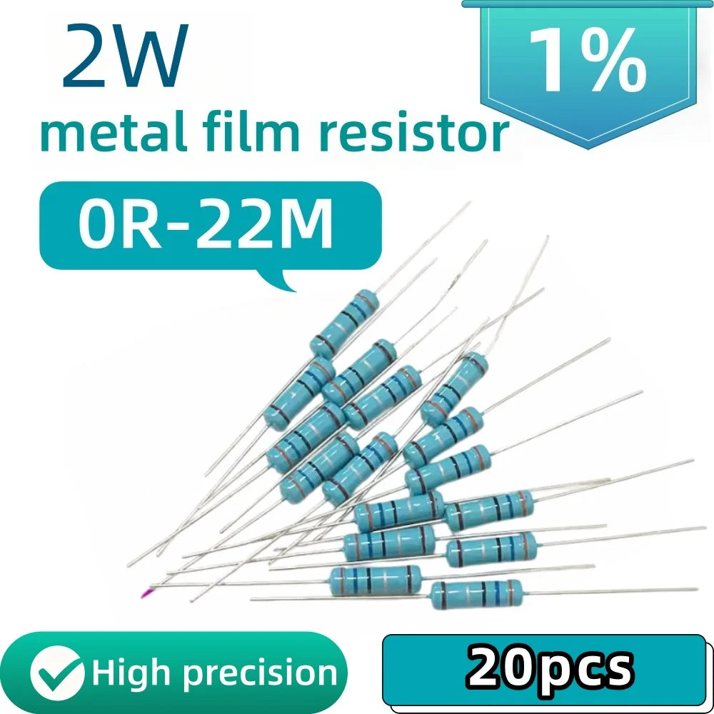 20pcs, 0R-22M 1% Metal Film Resistor 2W 0 2.2 10 100 150 220 270 330 470 1K 2.2K 4.7K 10K 47K 100K 470K 1M 10M 20M Ohms