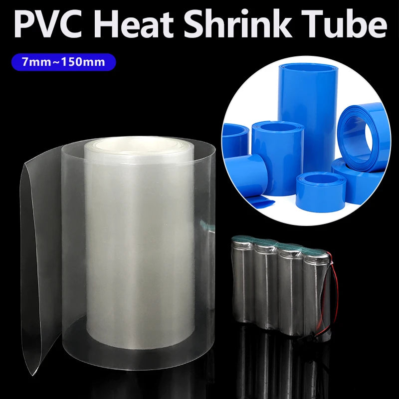 3/5M Transparent/Blue 7mm~150mm PVC Heat Shrink Tube 18650 Lithium Battery Pack Insulated Film Wrap Case Protector Cable Sleeve