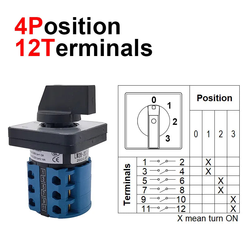 Electric 3/4 Position 12Terminals Rotary Cam Changeover Switch 500V 20A LW28-20