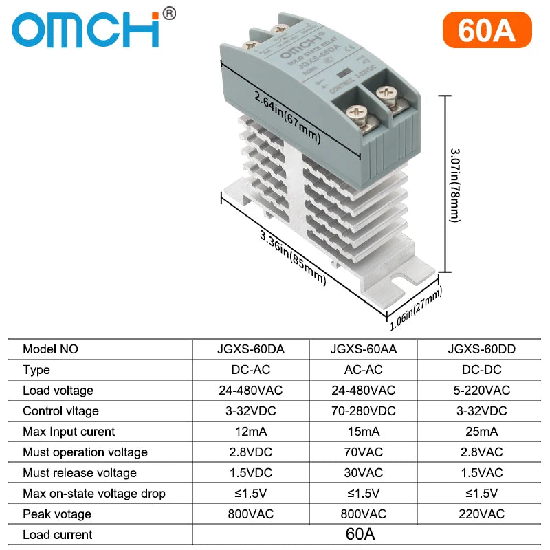 OMCH DIN Rail Solid State Relay SSR With Heatsink 10A 25A 40A 60A 80A 100A 120A DC-AC DC-DC AC-AC Single Phase Control