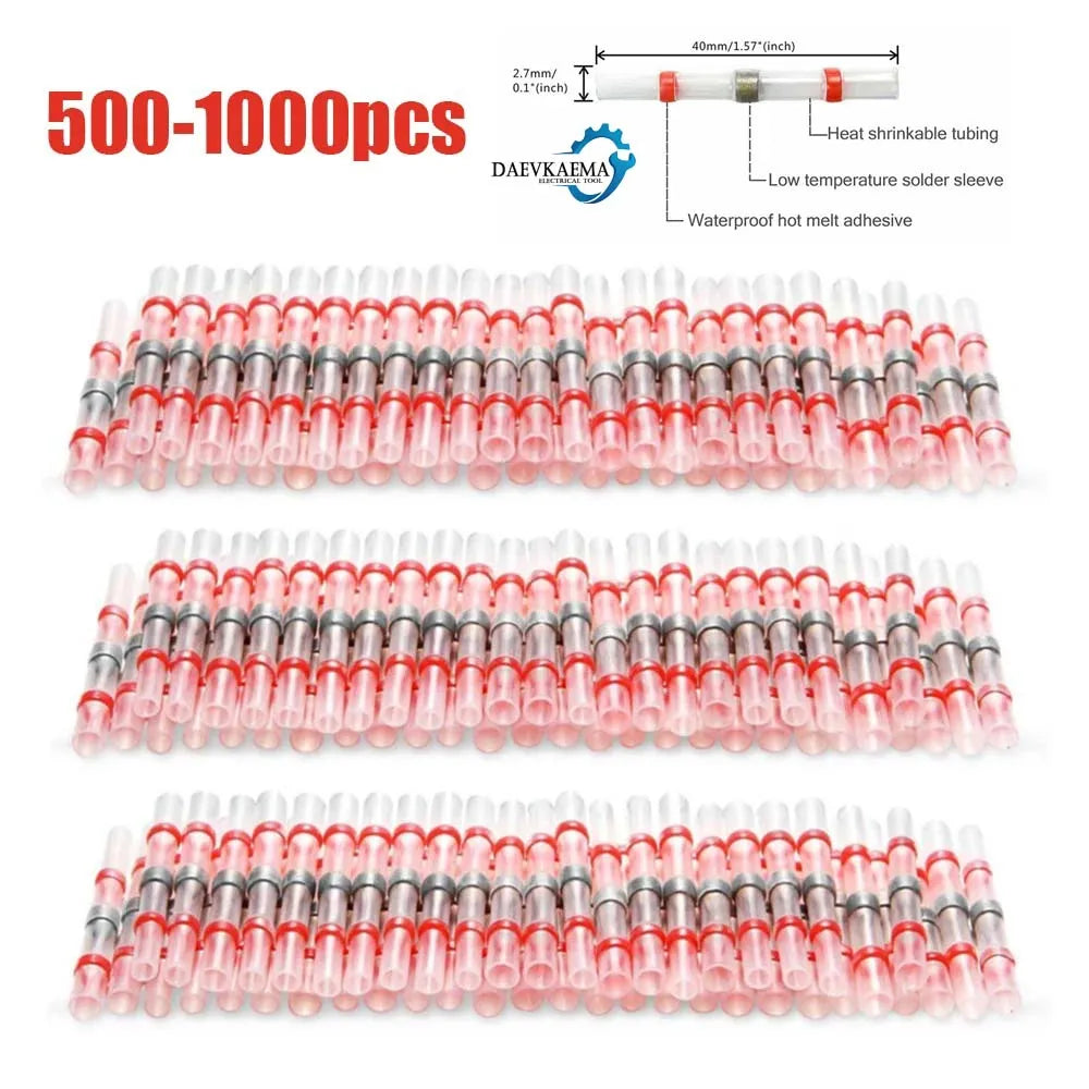 100/500/1000PCS Waterproof AWG22-18 Red Solder Seal Sleeve Splice Terminals Copper Heat Shrink Electrical Wire Butt Connectors