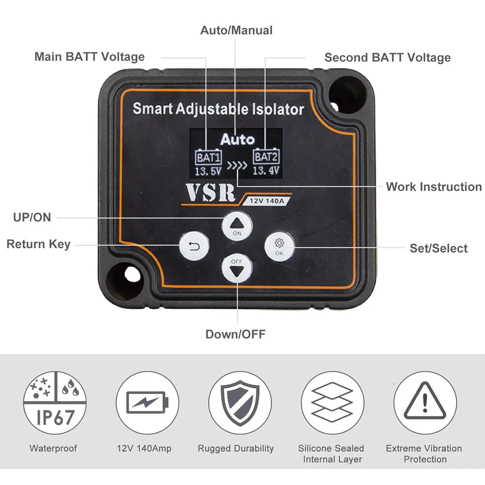 12V 140A Adjustable Dual Battery Isolator LCD Display Voltage Sensitive Split Charge Relay Voltage Setting VSR for Camper Car RV