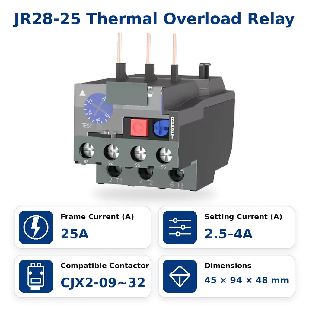 JR28 Series Thermal Overload Relay 25A 36A  Adjustable Current Motor Protection Electrical Overload Protector for AC Contactor