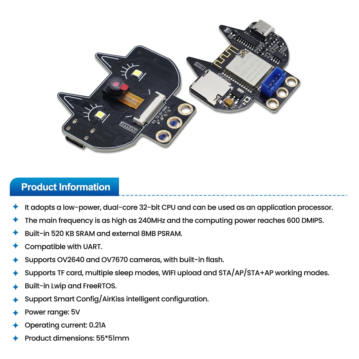 Keyestudio Fox:bit ESP32-S3 Camera Built-in 520 KB SRAM and External 8MB PSRAM Supports OV2640 and OV7670 Cameras WIFI Upload