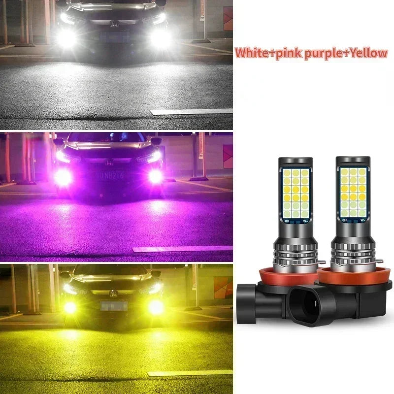 Car Led Fog Lamp with Flashing 3030 Three-Color Fog Lamp Bulb Red Green Pink Blue Super Bright H3 H8 H11 9006 9005 H7 Modified