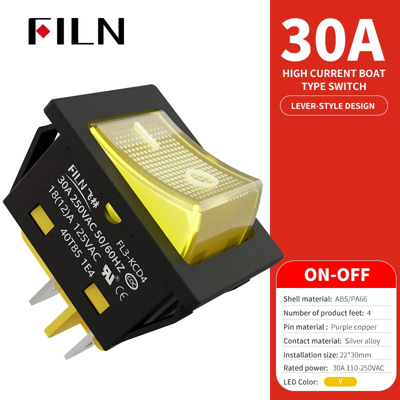 FILN 30A/220V Heavy Duty 4 Pin DPST IP67 Sealed Waterproof T85 Auto Boat Marine Toggle Rocker Switch with LED 12V 220V 30x22