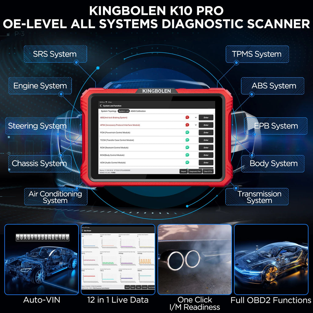 KINGBOLEN K10 Elite / K10 PRO 10" Bidirectional OBD2 Diagnostic Scan Tools Topology Map,40+ Resets,ECU Coding,FCA,CAN FD,DOIP