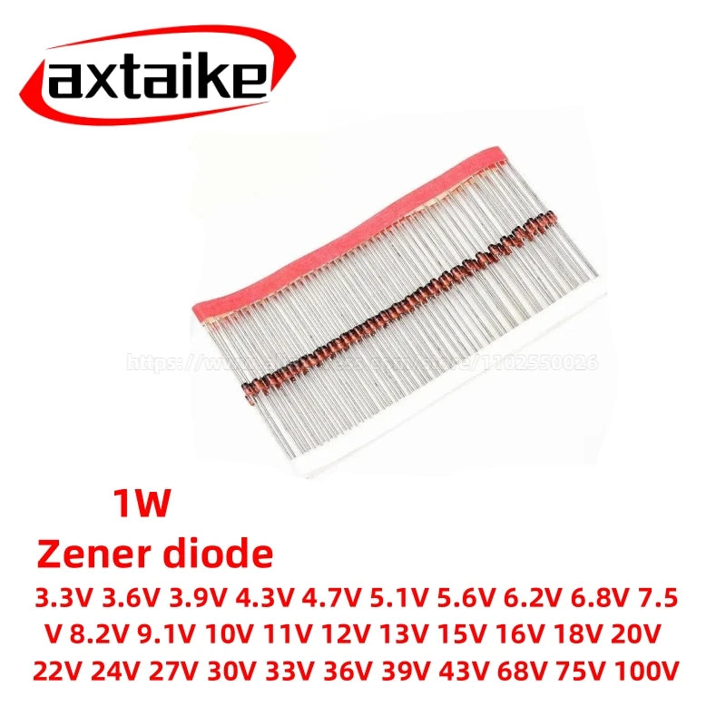 50PCS 1W Zener Diode 3.3V-100V 5.1V 12V 18V 24V 33V 3.9V 6.2V DO-41 Package, Voltage Regulator Diodes for Circuit Protection