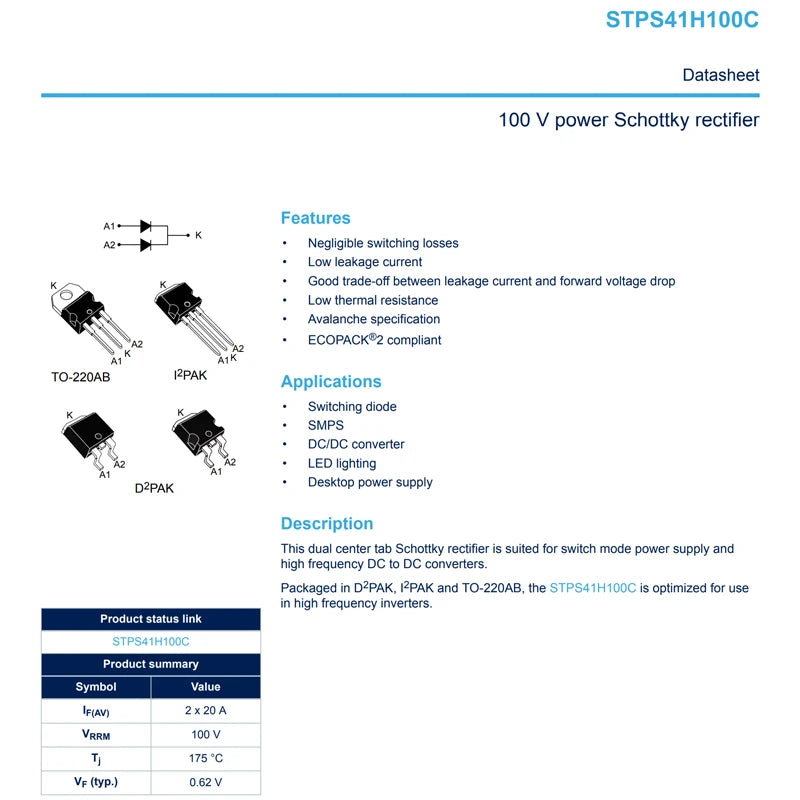 5PCS STPS41H100CG-TR D2PAK Code STPS41H100CG 100V40A Power Schottky Rectifier Schottky Diode