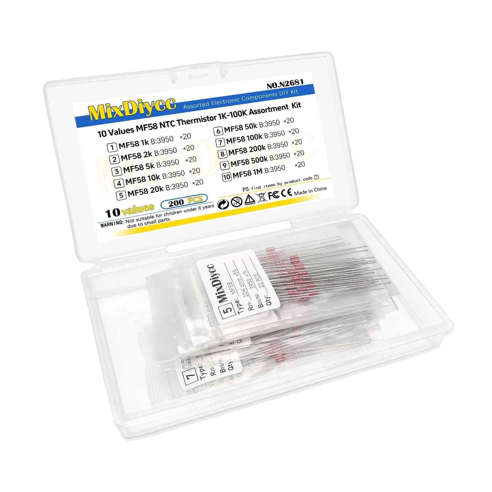 10 values kit Thermal Resistor thermistor NTC MF58 B3950 5% 1K/2K/5K/10K/20K/50K/100K/200K/500K/1M ohm Total 200 pcs
