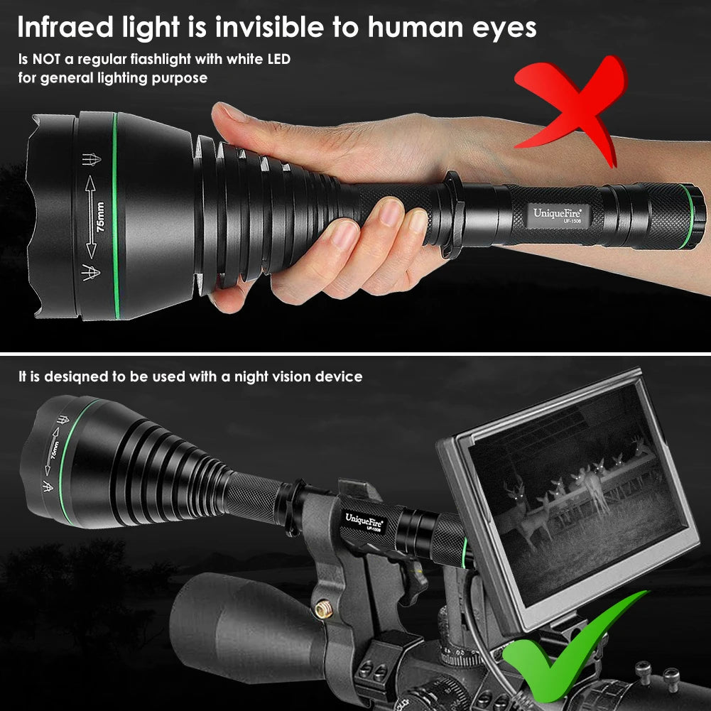 UniqueFire 1508 T38 T50 T67 T75 IR 850NM 5W LED Hunting Flashlight 3 Mode Zoom Night Vision Torch + Rat Tail Mount + USB Charger