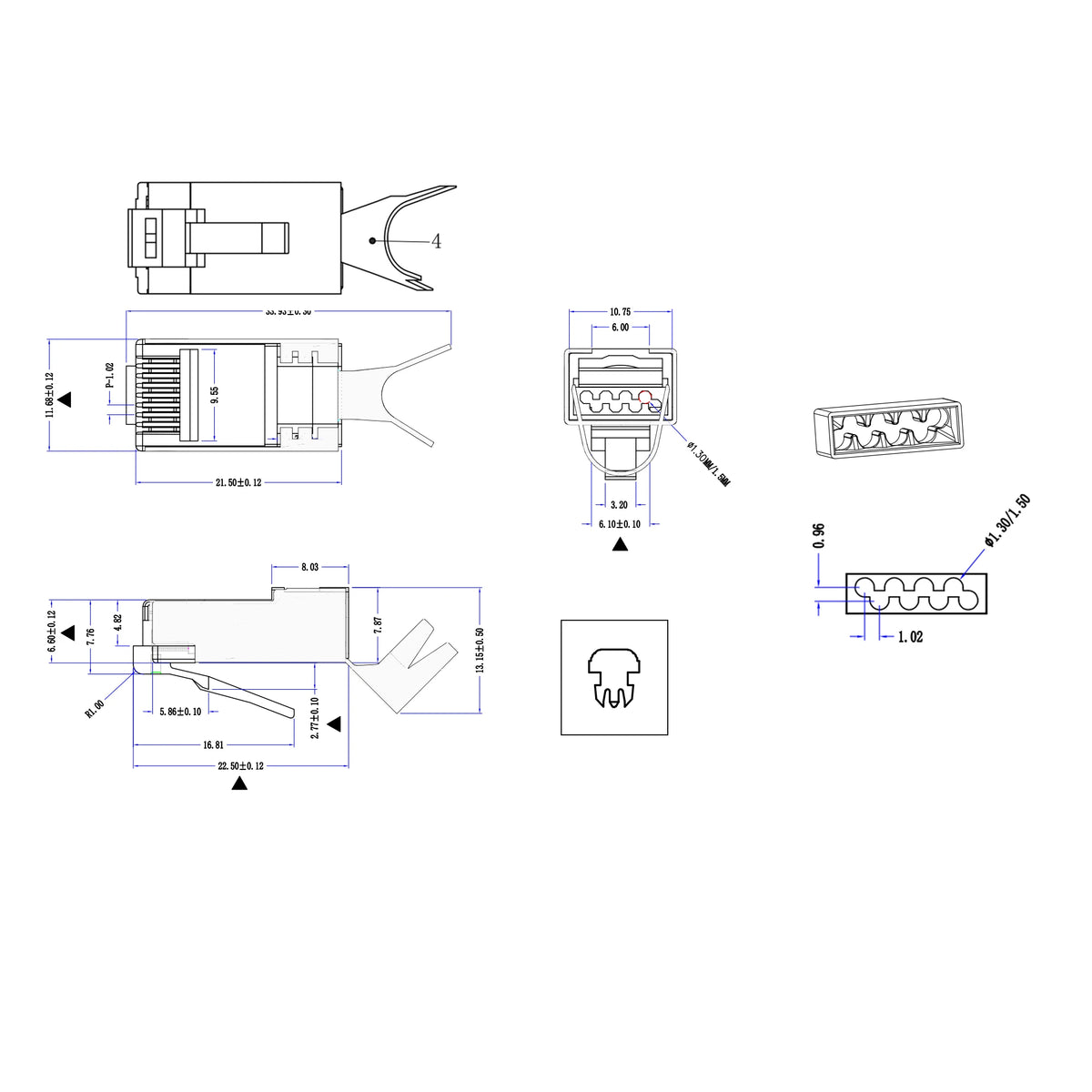 COMNEN 10Gbps RJ45 Connectors Cat8 Cat7 Cat6A Pass Through 8P8C 1.3mm Gold Plated Shielded FTP/STP|RJ45 Network Modular Plug