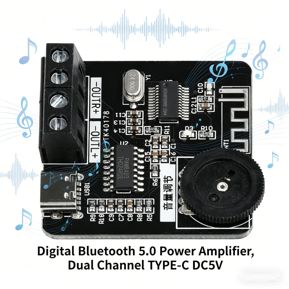 XH-A164 PAM8403 Digital Bluetooth Amplifier Board 5V Type-C 5W+5W Dual Channel Audio Amp for DIY and Car Speaker Subwoofer