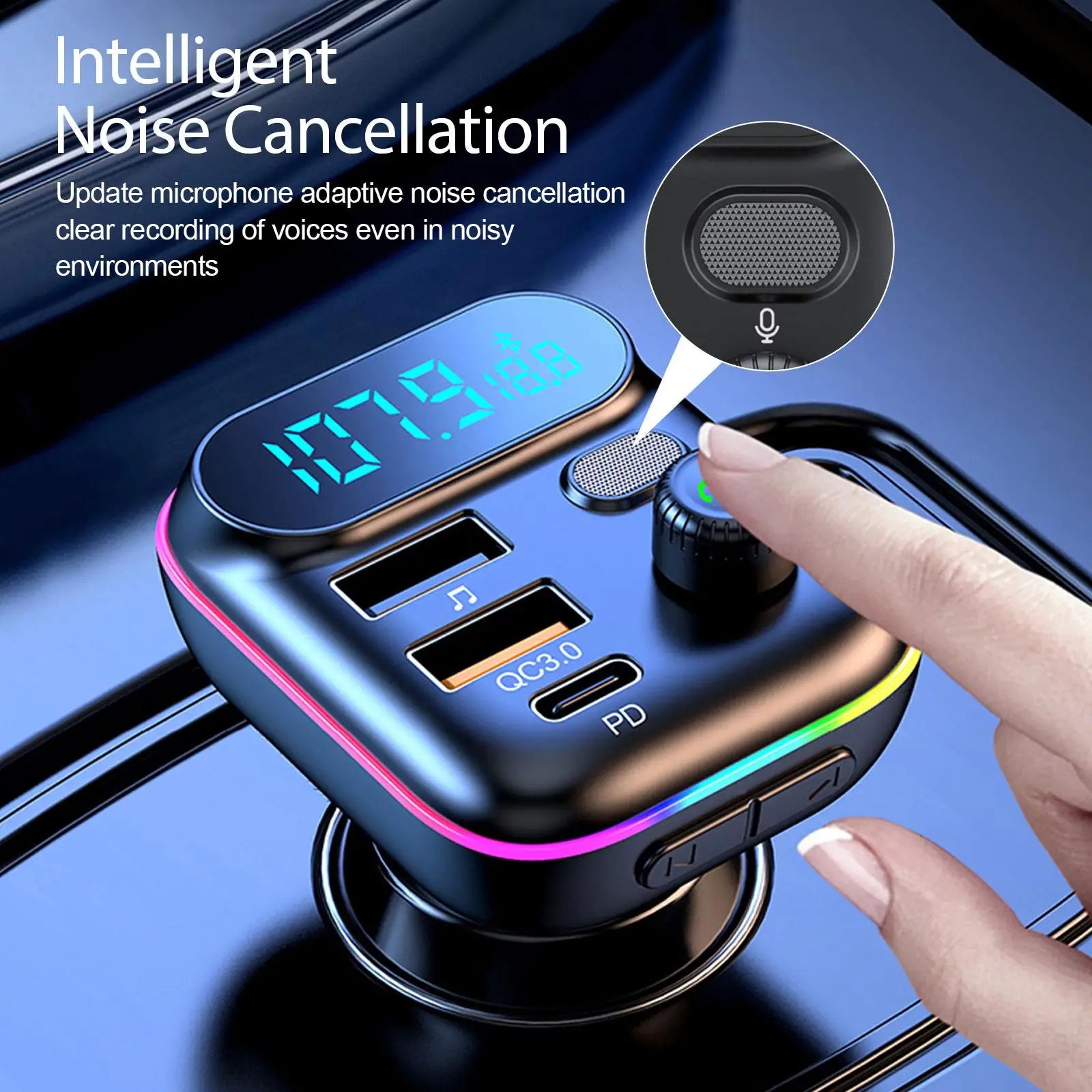 Car PD 18W QC3.0 Fast Charge Bluetooth 5.0 FM Transmitter Dual Player Music Type-C Colorful Ambient MP3 Light Cigarette Lighter