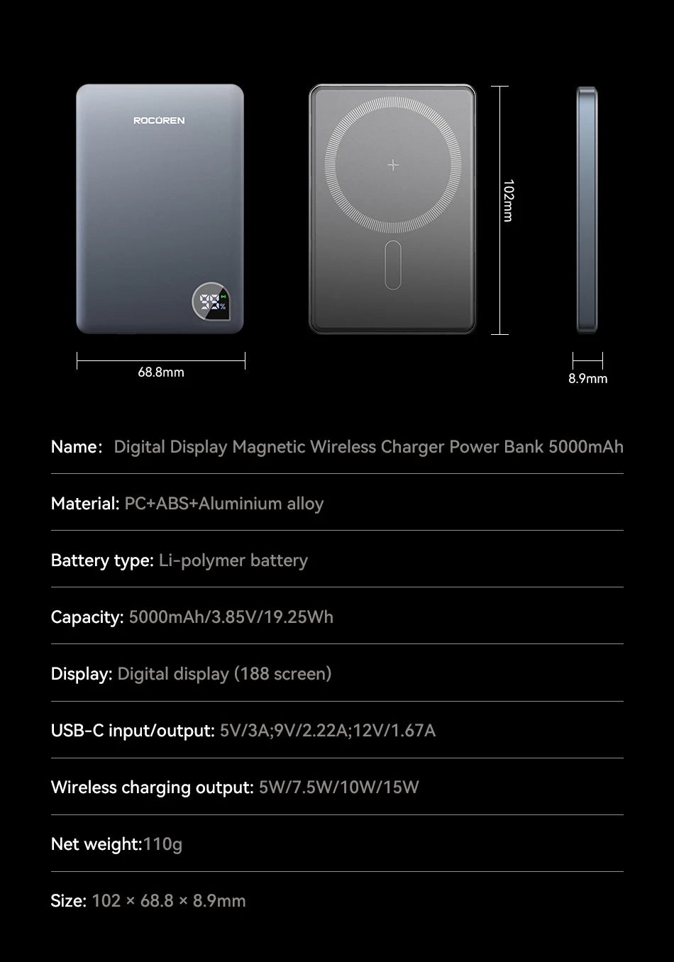 Rocoren 10000mAh Magnetic PowerBank Fast Charging 5000mAh Power Bank Portable Wireless Charger Battery For iPhone 18 17 Pro Max