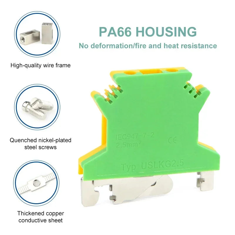5Pcs USLKG-2.5/3/5/6/10N Terminal Block UK Yellow Green Ground Terminal Block Two-color 34A-101A 800V Rail Ground Terminal Block