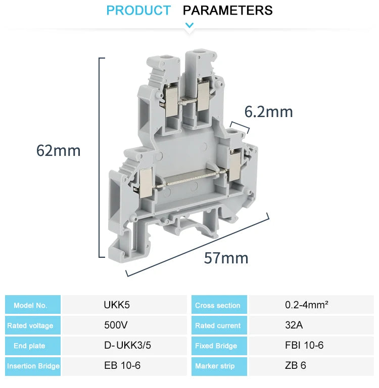 10Pcs UKK/UKKB 5 Double-Level Terminal Block 2 Layer 0.2 - 4 mm² Plug Wire Electrical Screw Connector DIN Rail Termin UKK5 UKKB5