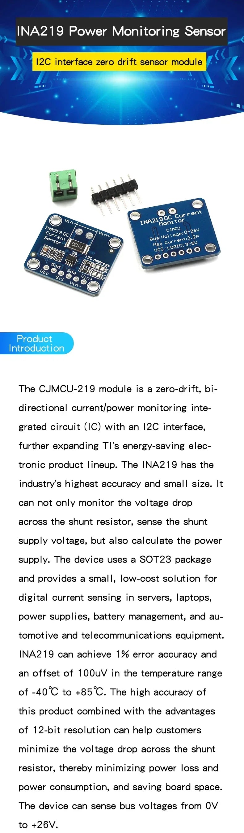 INA219 I2C Interface Zero Drift Bidirectional Current/Power Monitoring Sensor Module