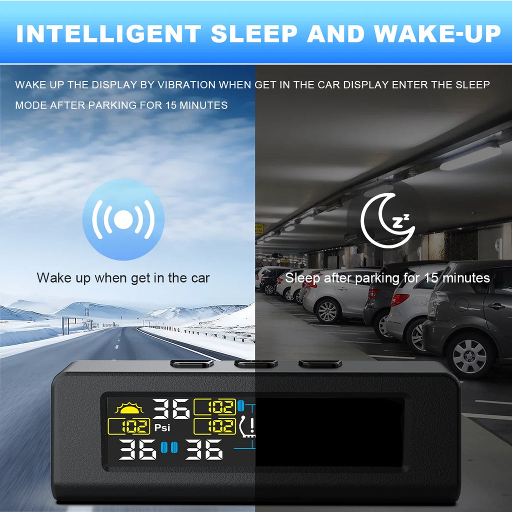 TPMS Tire Pressure Monitoring System Car Safety Alarm System Wireless Solar&USB Powered 4 Sensors with Color Digital Display