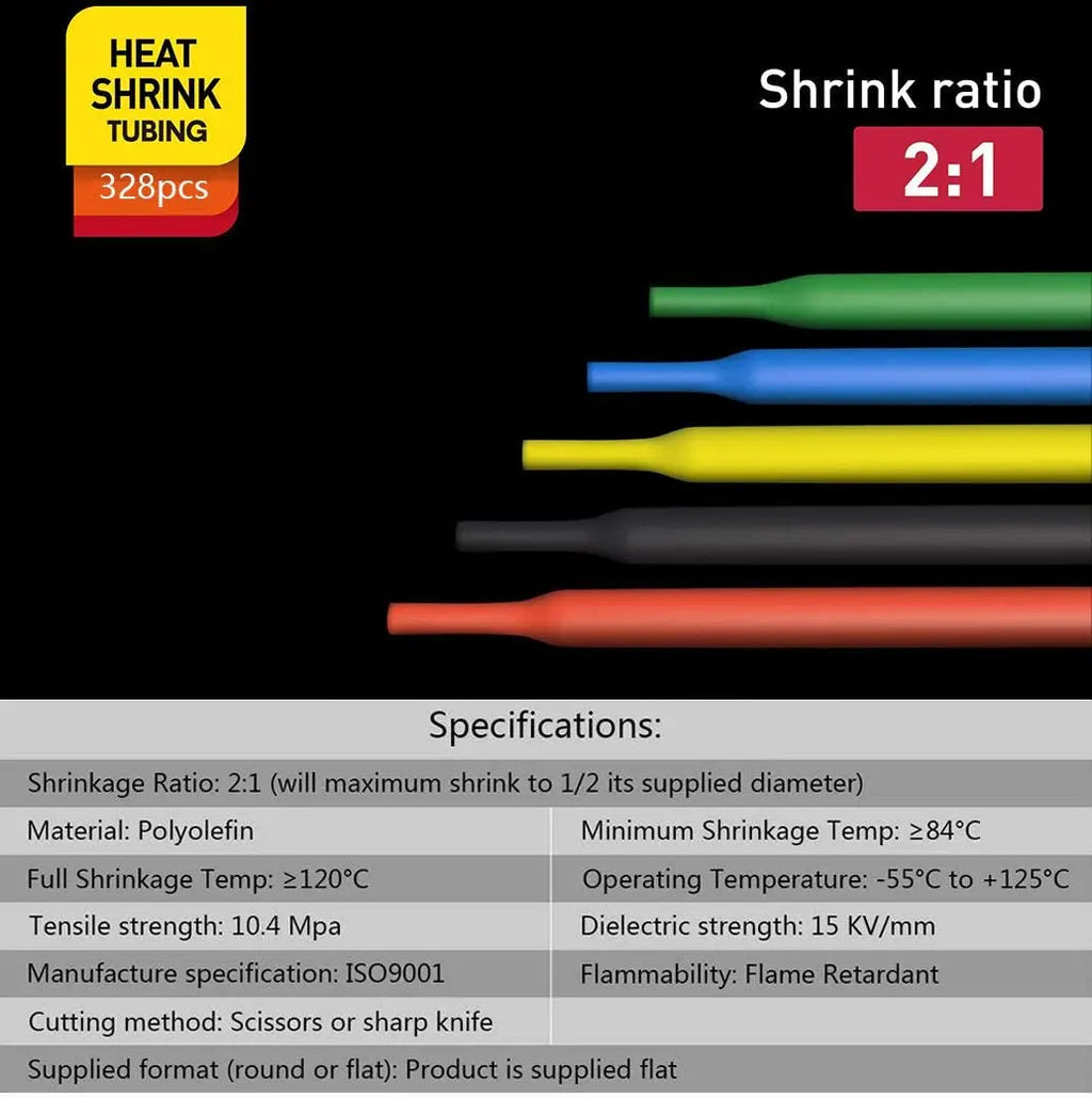 530/328/127pcs Heat Shrink Tube 2:1 Shrinkable Wire Shrinking Wrap Tubing Wire Connect Cover Protection with 300W Hot Air Gun