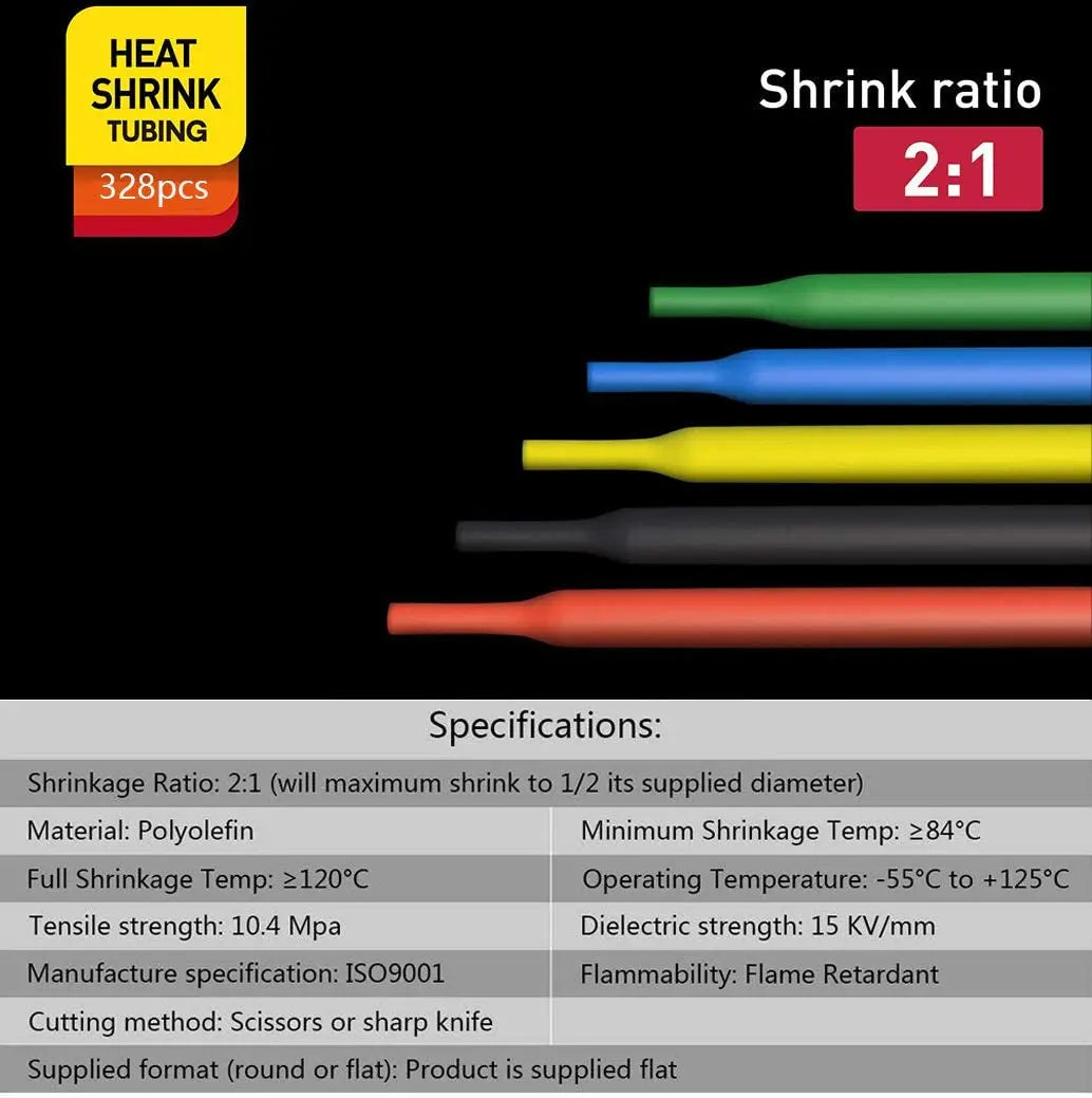 530/328/127pcs Heat Shrink Tube 2:1 Shrinkable Wire Shrinking Wrap Tubing Wire Connect Cover Protection with 300W Hot Air Gun