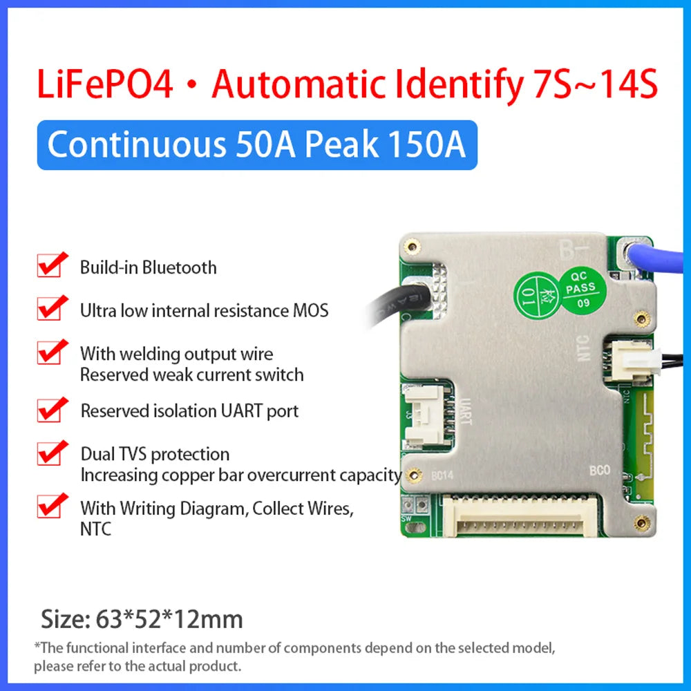 Small Type 3.2V LiFePO4 3.7V Li-ion 20A 30A 40A 50A Electric Bike Smart BMS 7S-14S 24V 36V 48V with UART BT