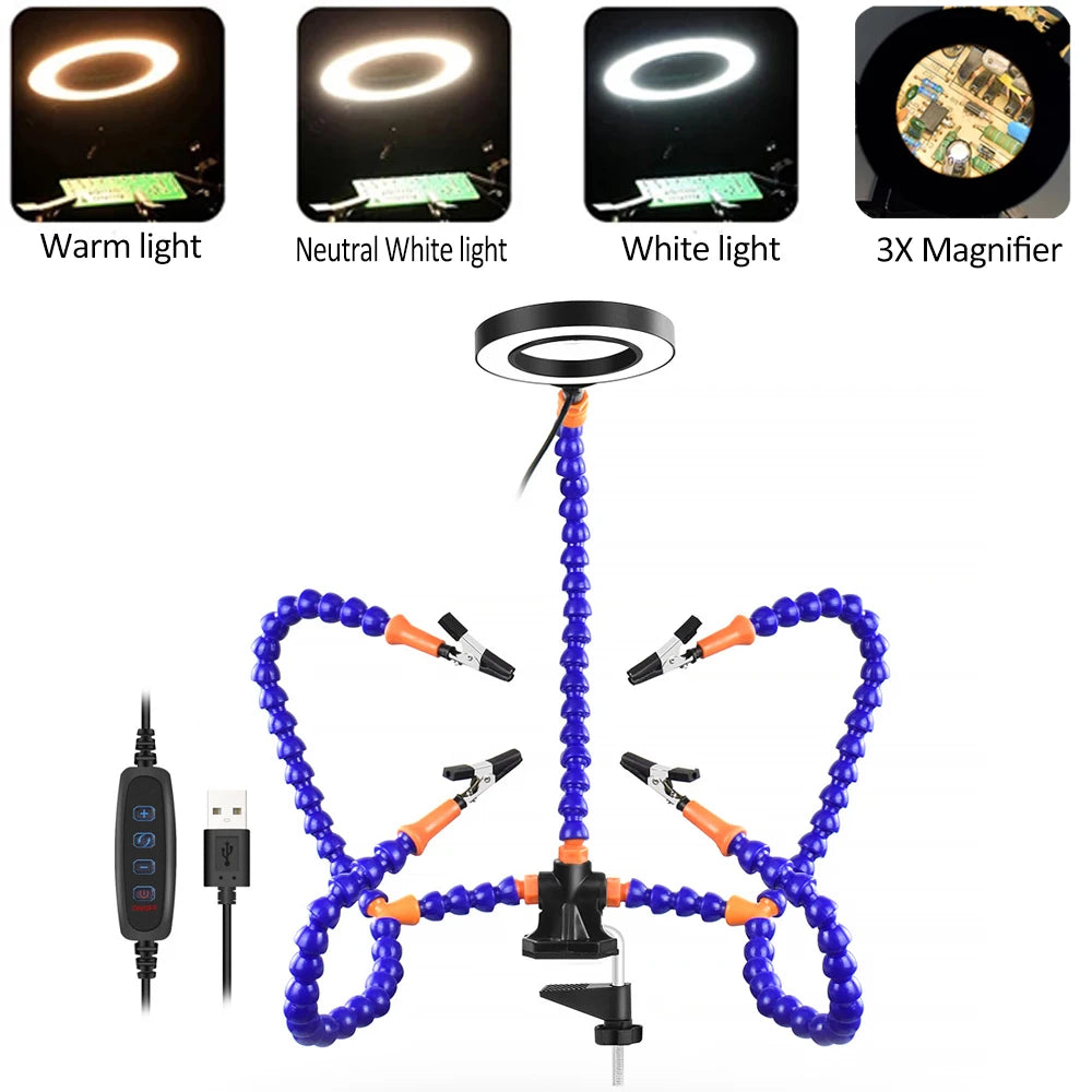 Flexible Holder Alligator Arms Soldering Helping Hands Table Clamp Pcb Board Adjustable Welding Repair Third Hand Tool Magnifier