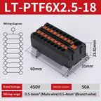 Push-in Terminal Block PTF6X2.5mm One in Multiple Out Splitter Spliceable Wire Connectors DIN Rail Junction Box Electrical Joint