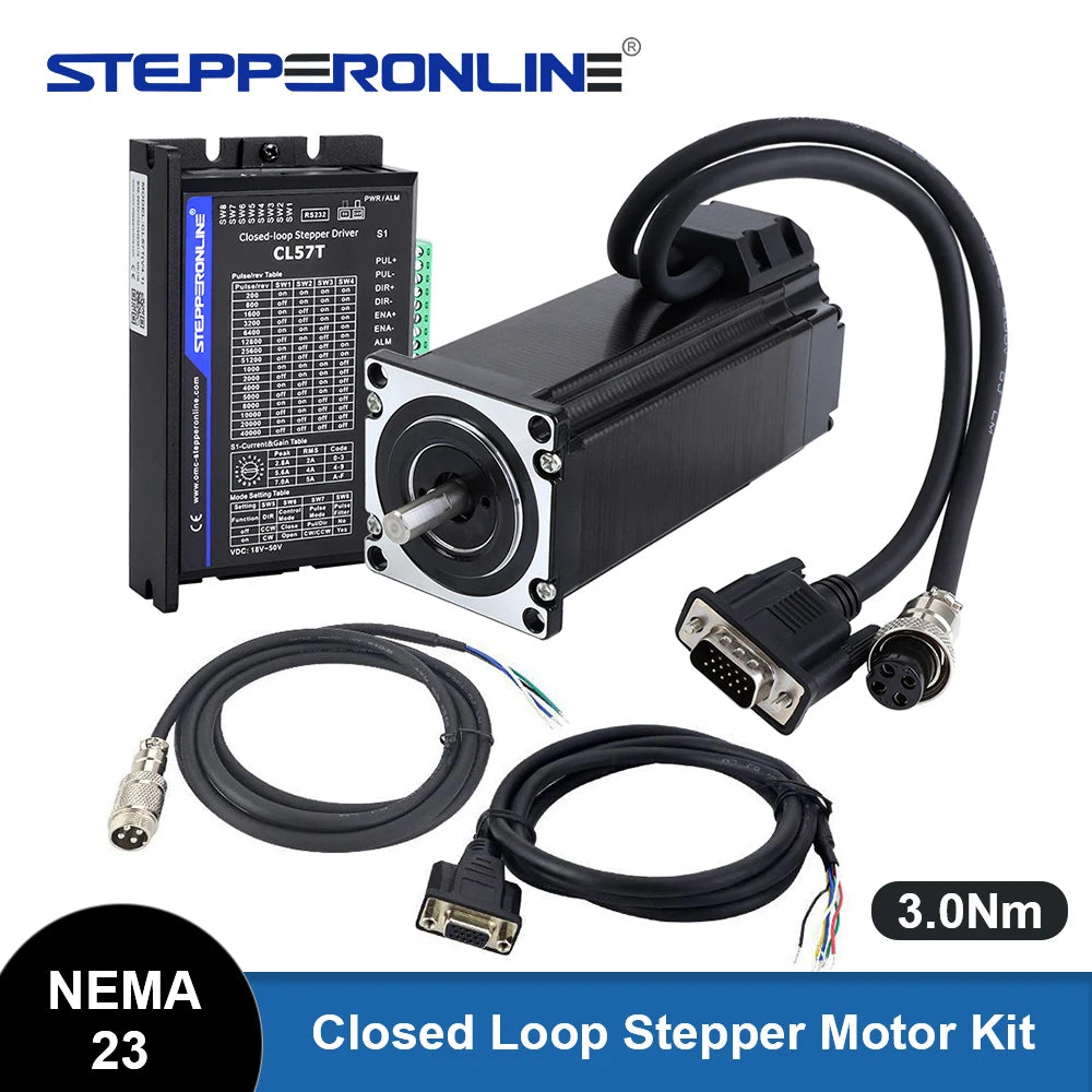 STEPPERONLINE Nema 23 Closed Loop Stepper Motor 3Nm with Servo Driver Kit Nema23 425oz.in Encoder Motor with 2pcs 1.7m Cables