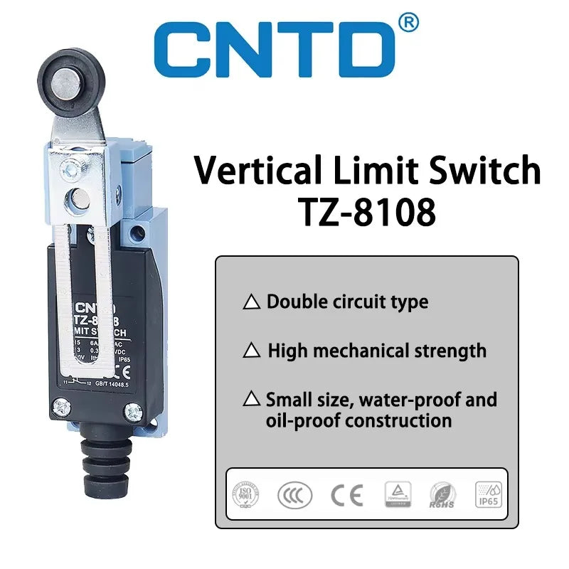 CNTD TZ-8108 Limit Switch Adjustable Roller Lever Self-Reset Mechanism Zinc Alloy Body Long Mechanical Life Industrial CE