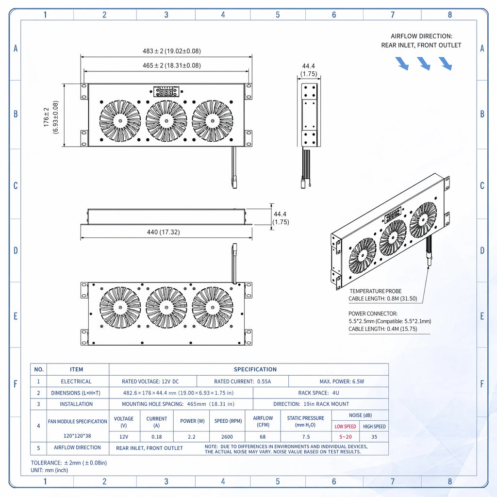 US 19" Rack Cabinet Cooling Fan Module1U/2U Horizontal/Vertical Mount Temperature Control Server Chassis Fan Black/Silver