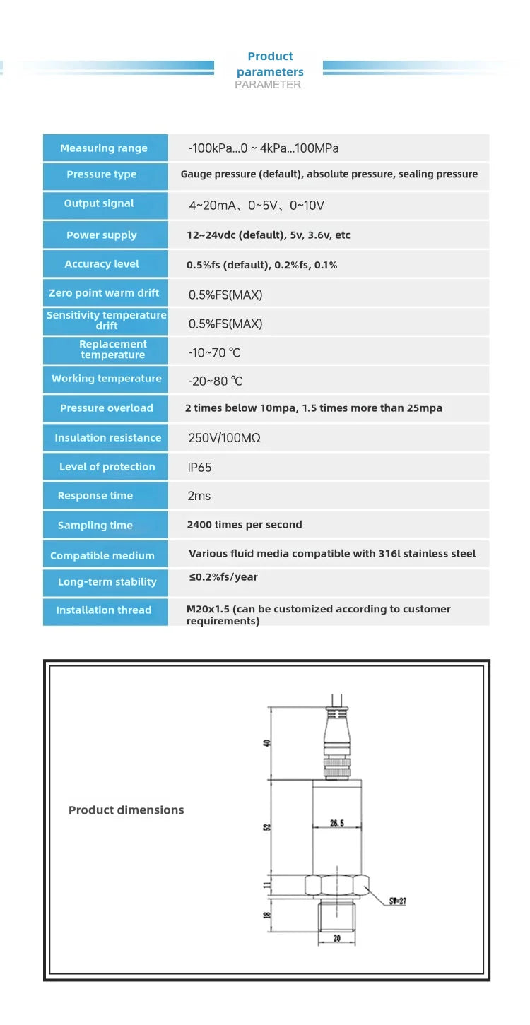 Pressure Transmitter 4-20mA Industrial Sensor M12 Connector IP67 Hydraulic Oil Air Monitoring