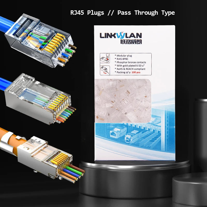 Linkwylan Cat7 Cat6 Cat5e UTP STP Pass Through Plug Network RJ45 Modular Connector 1.1/1.3/1.5mm Holes For Solid Stranded Cables