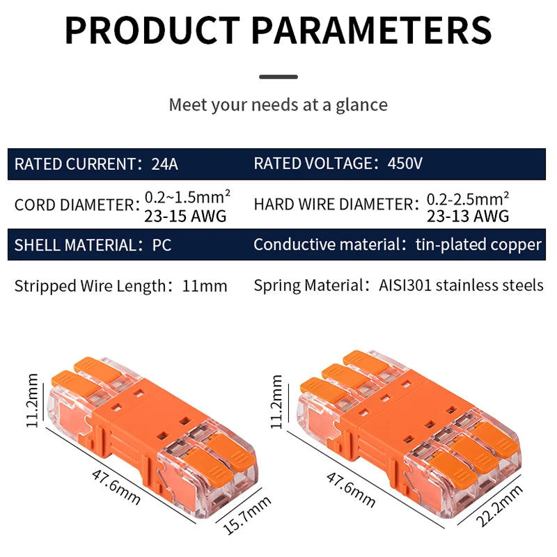 5Pcs Quick Lever Wire Connectors for Compact Plug In Male Female Terminals Blocks Home Wiring Orange 24A 20-13AWG