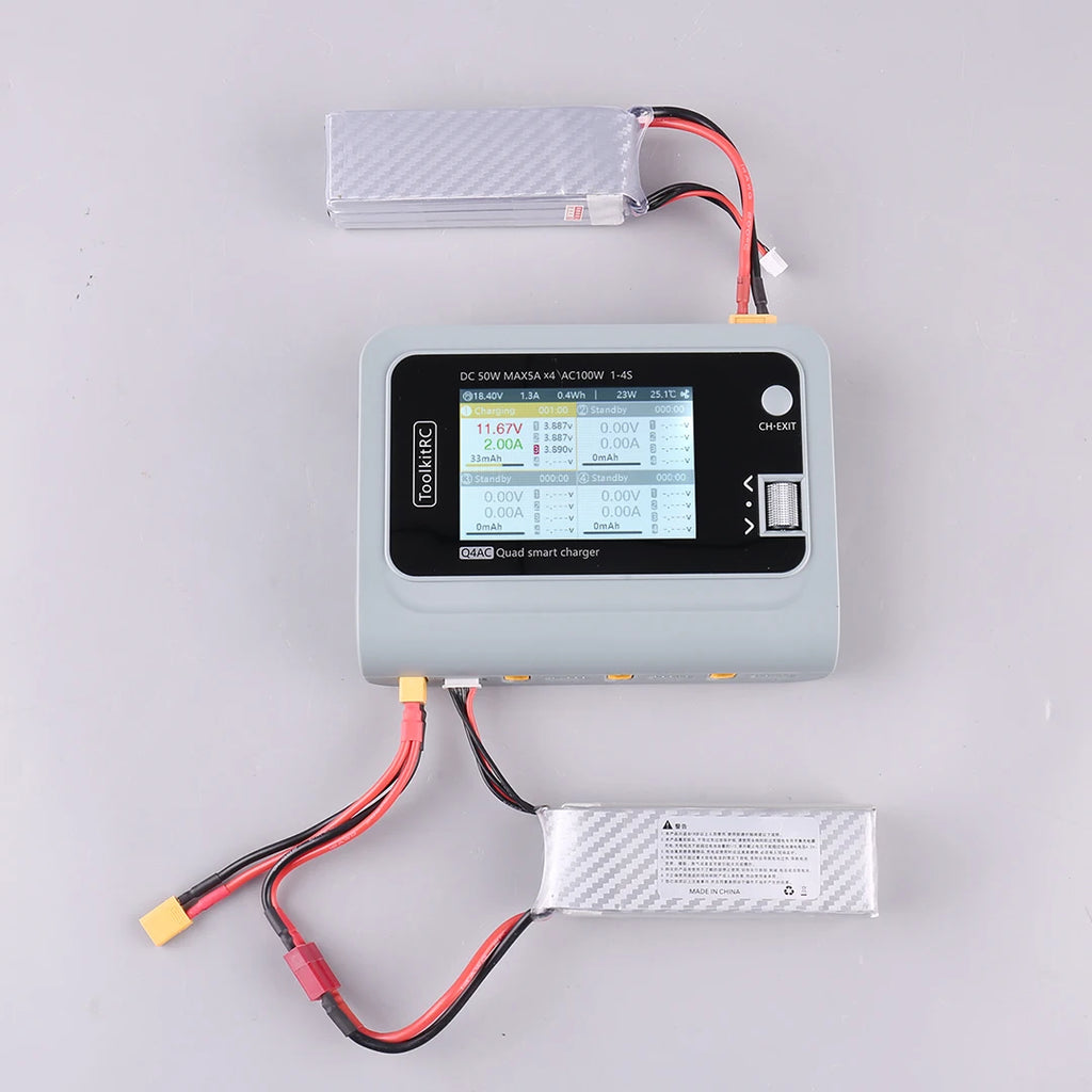 ToolkitRC Q4AC 4x50W 5A AC 100W 4 Port DC Smart Discharger Charger XT60/XT30 Optional for 1-4S Lipo Battery