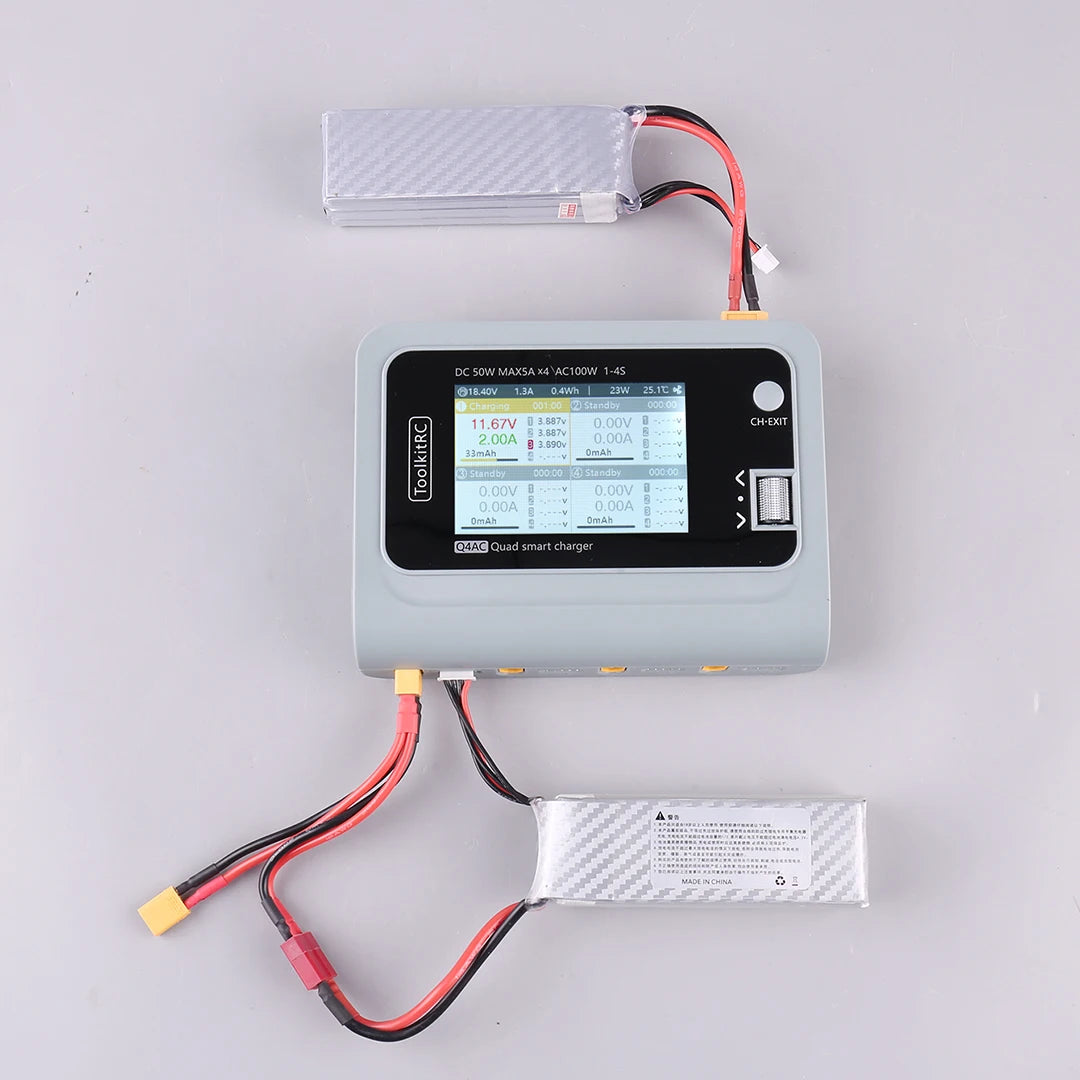 ToolkitRC Q4AC 4x50W 5A AC 100W 4 Port DC Smart Discharger Charger XT60/XT30 Optional for 1-4S Lipo Battery