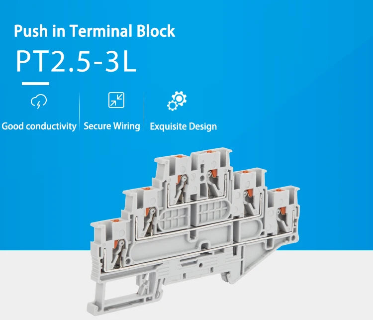 10Pcs PT2.5-3L Push-in Wiring Connector Triple 3 Level 2.5 mm² Cable 2.5mm Electrical Cable Din Rail Terminal Block PT 2.5-3L