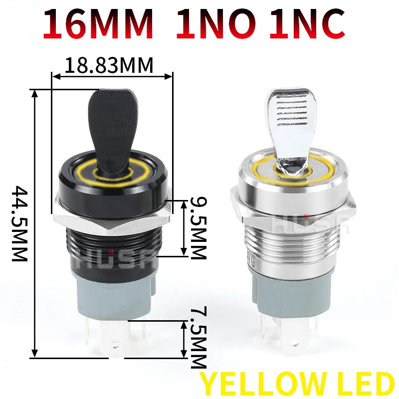 16MM  Self-locking ON-OFF Slide Power High Current Metal Toggle Switch Waterproof Push Button 2 Positions 1NO1NC Illuminated Led