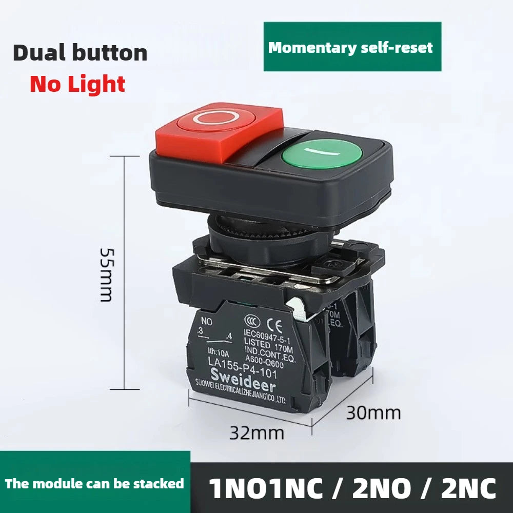 XB4 22mm Emergency Stop Button Switch Double Button Switch with Light Momentary Self Reset Mushroom Power Push Button Switch 10A