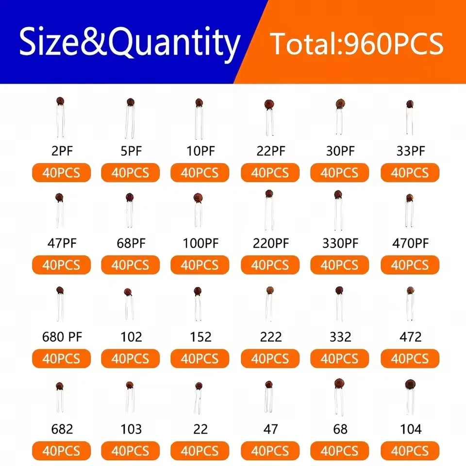 300/960pcs 50V Ceramic Capacitors Kit 2pF-0.1uF 30pF 100pF 1nF Electronic Components Package Capacitor Assorted Samples Diy Kit