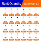 300/960pcs 50V Ceramic Capacitors Kit 2pF-0.1uF 30pF 100pF 1nF Electronic Components Package Capacitor Assorted Samples Diy Kit