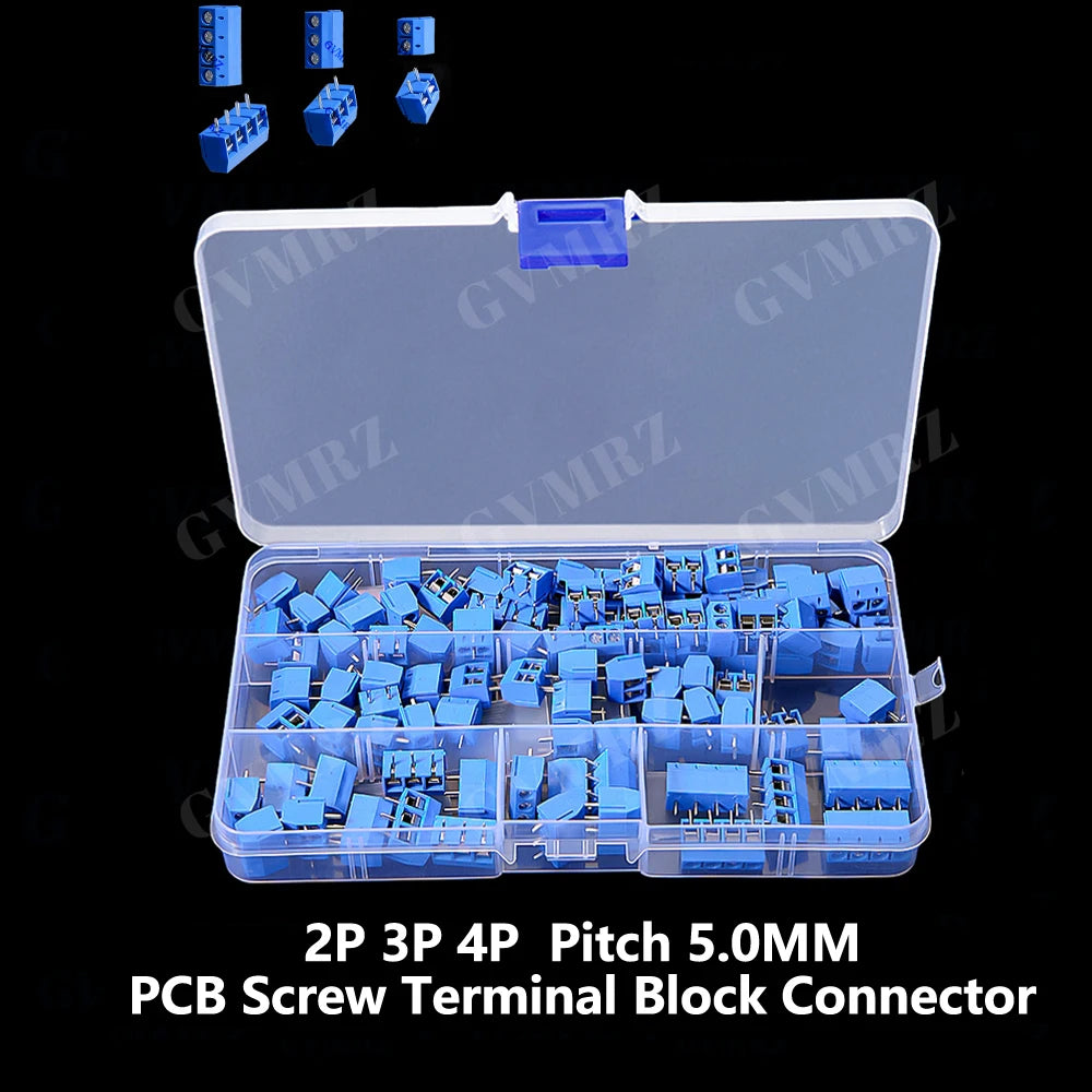 100PCS KF301-2P PCB Screw Terminal Block Connector KF301 Pitch 5.0MM 2P 3P 4P Splicable Kit Box KF301-2 Blue  KF301-3P KF-301