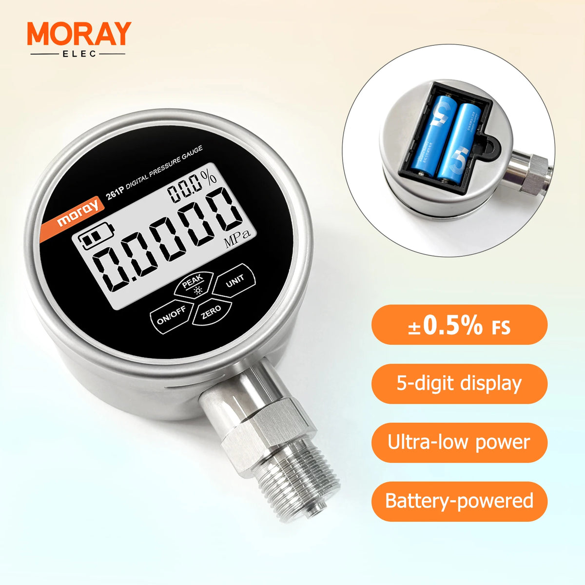 Moray ME261P Air/Water/Oil Digital Pressure Gauge 0.5%FS Stainless Steel Material IP54 Five-Digit Display