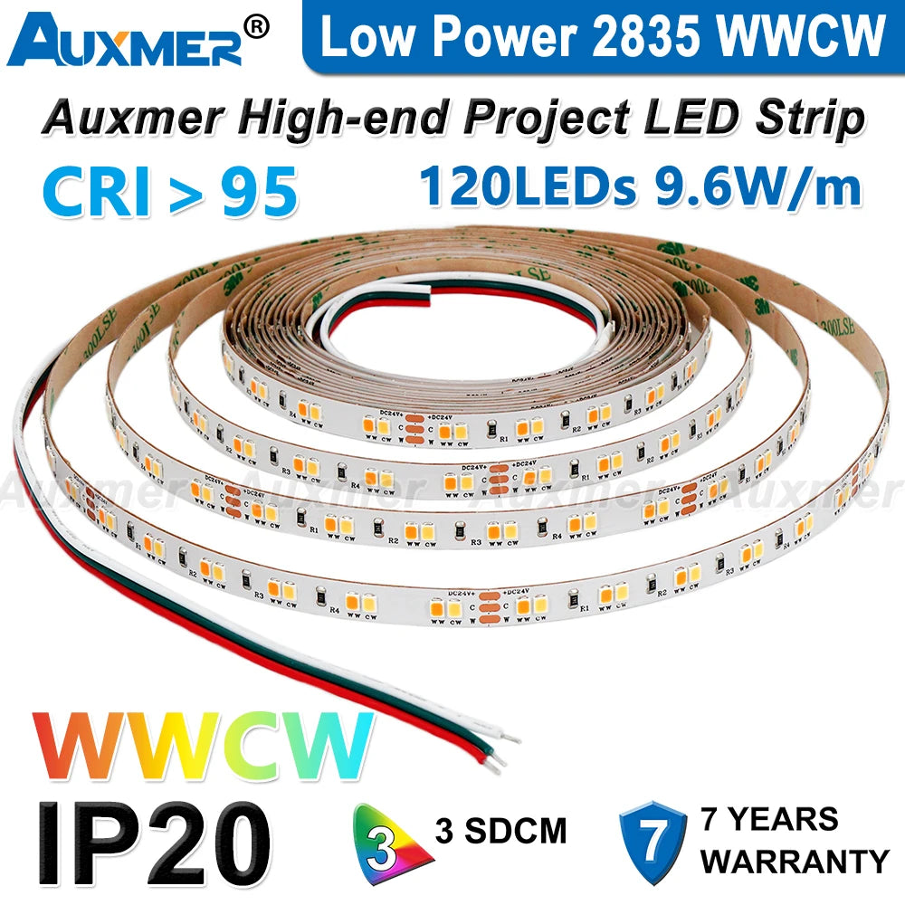 Auxmer 2835 WWCW LED Strip Lights,120LEDs/m 240LEDs/m,CRI＞95 Super Bright Flex LED DC12/24V,5m/reel,CCT 2400~6500K,IP20,3SDCM
