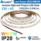 Auxmer 2835 WWCW LED Strip Lights,120LEDs/m 240LEDs/m,CRI＞95 Super Bright Flex LED DC12/24V,5m/reel,CCT 2400~6500K,IP20,3SDCM