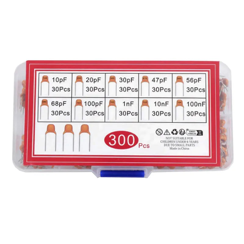 300pcs 10 kinds of monolithic capacitors(10pF~100nF) direct insertion non-polarised 50V ceramic capacitor component set