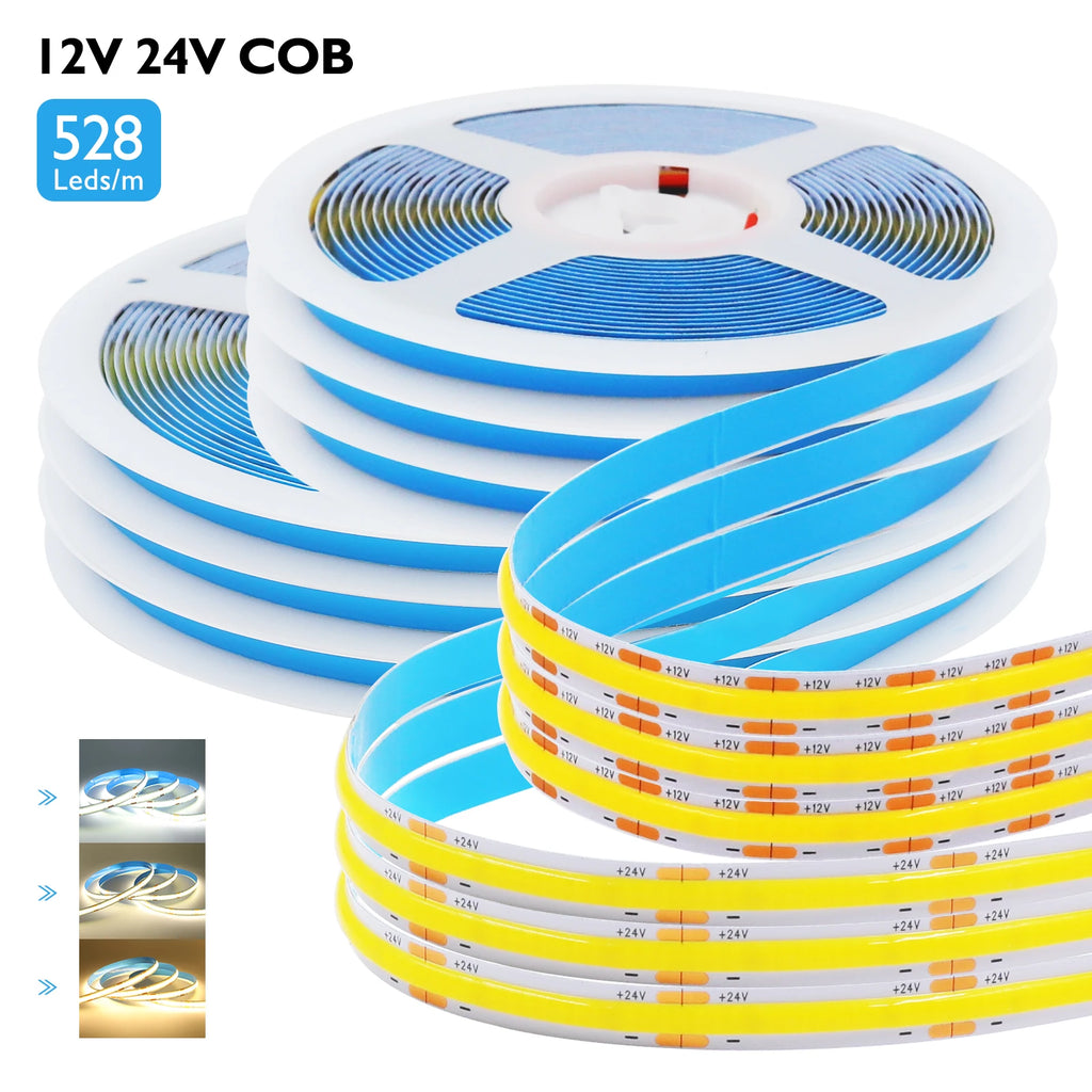 DC12 24V COB LED Strip Light 528Leds/m Flexible Tape Ribbon High Density Linear Lighting 3000-6500K RA90 Led Lights Room Decor