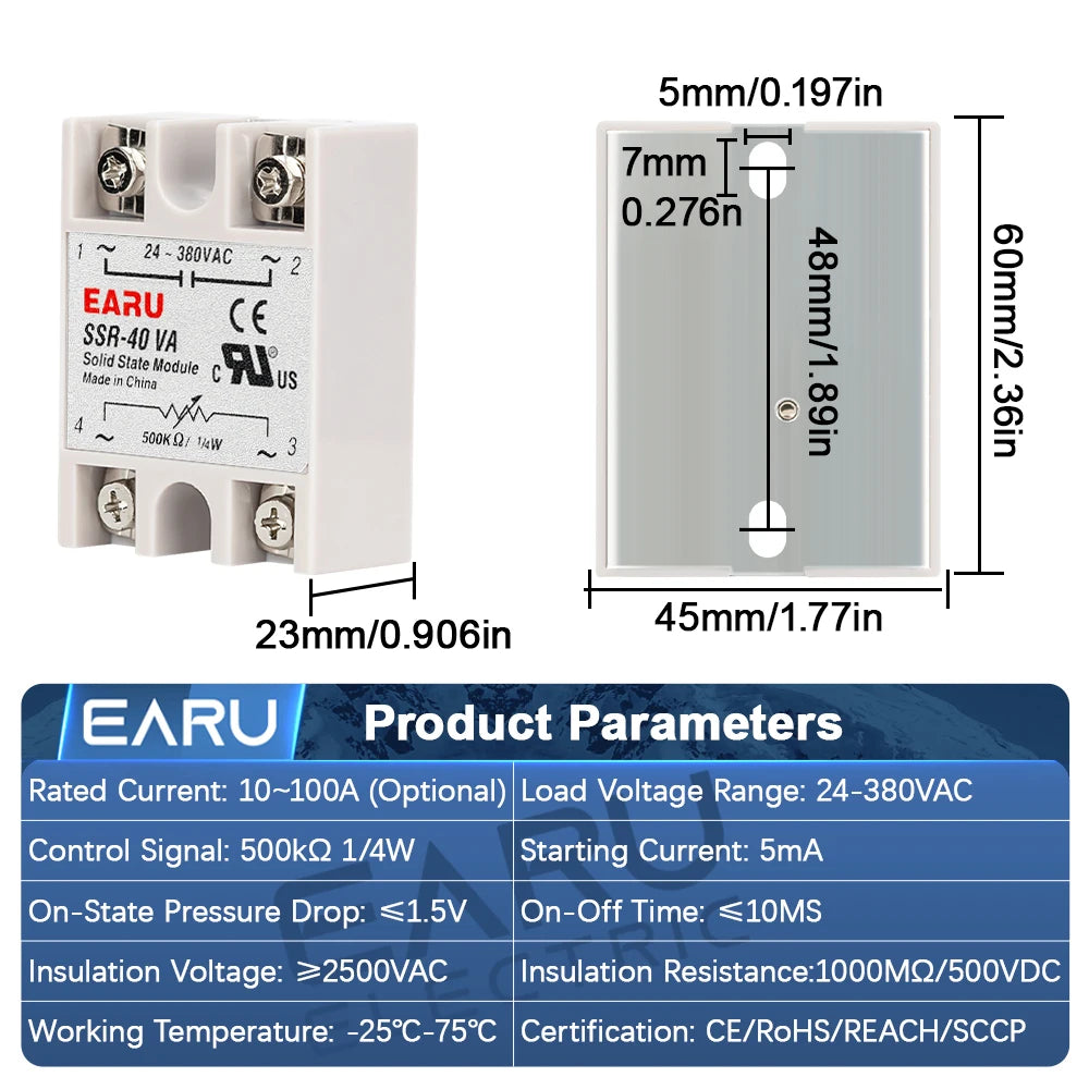 EARU SSR-10VA/25VA SSR-40VA SSR Solid State Relay Voltage Regulator AC 24V-380V Output Potentiometer PID Temperature Controller
