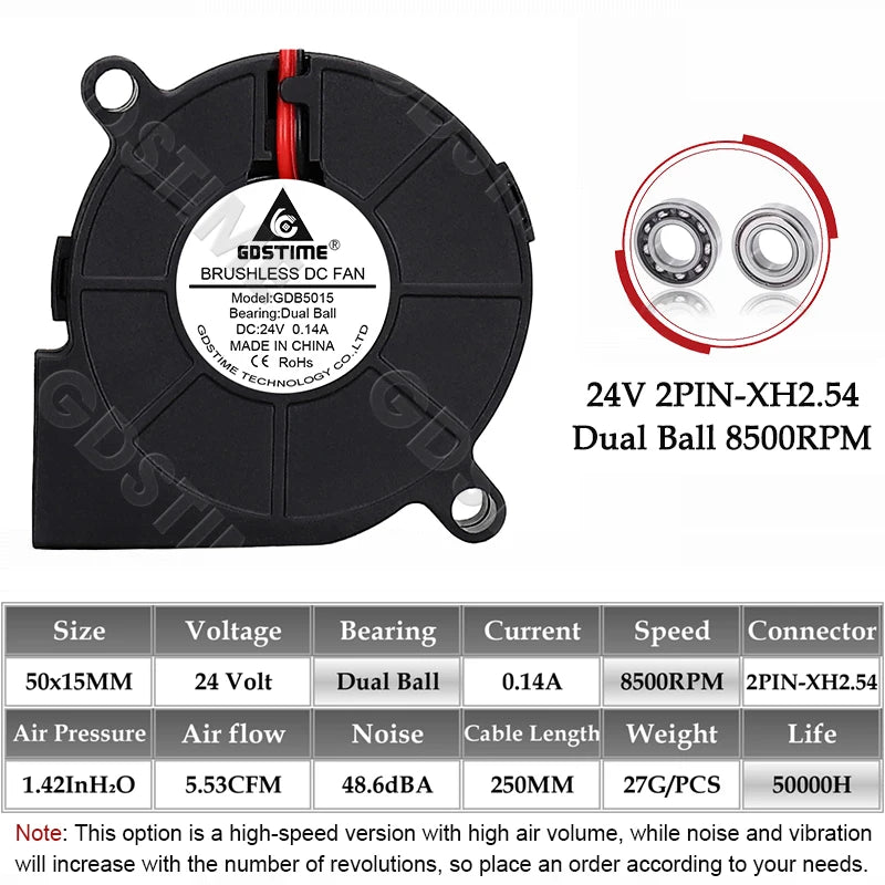 Gdstime 5015 Blower Fan 24V 12V 5V 50MMx15MM Turbine Radial Fan 5015 Dual Ball High Speed Cooler for 3D Printer Parts Cooling