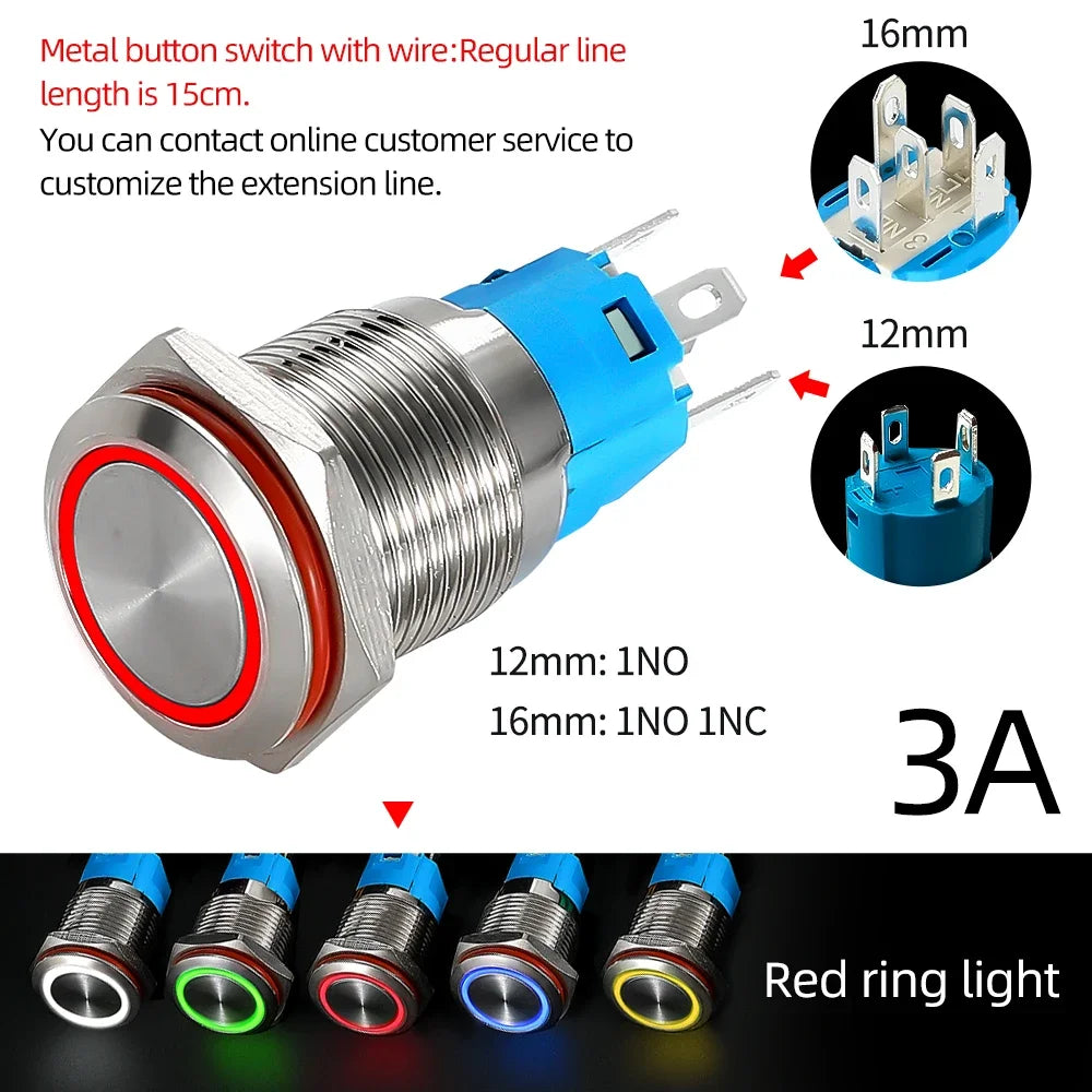 12/16mm Flat LED Illuminated Reset Latching Ring LED Metal Push Button Switch Waterproof On Off with Power Symbol